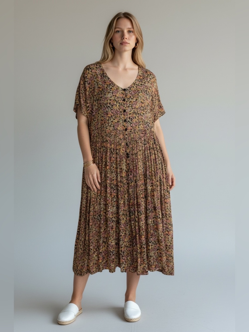 Womens Vintage Cottagecore S.Roberts Floral Cotton Buttondown Maxi Dress  L